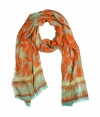 Luxe scarf in fine, modal and cashmere blend - Elegant orange hibiscus and multicolor stripe motifs - Delicate eyelash fringe at hem - Lightweight stole style drapes beautifully - A vibrant, polished must from hip London designer Matthew Williamson - Works for day or evening and compliments simple, streamlined looks - Style with a t-shirt and cropped leather jacket, or pair with a cardigan and button down silk blouse