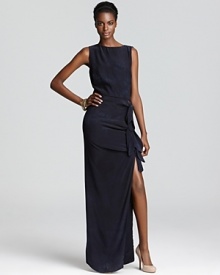 Make a major fashion statement in a silk Gryphon maxi dress. With knots running down the side of the silhouette leading to a high slit, this dramatic evening piece packs serious impact. Make a major fashion statement in a silk Gryphon maxi dress. With knots running down the side of the silhouette leading to a high slit, this dramatic evening piece packs serious impact.