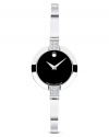 Movado's fashionably slender Bela™ bangle watch in solid solid stainless steel with sparkling diamond case accents. With a classic black Museum® dial.