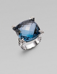 From the Cushion on Point Collection. A split cable band of sterling silver holds a faceted cushion of Hampton blue topaz, with shimmering pavé diamonds at the corners. Blue topaz Diamonds, 0.12 tcw Sterling silver About ¾ square Made in USA From the Cushion on Point Collection. A split cable band of sterling silver holds a faceted cushion of Hampton blue topaz, with shimmering pavé diamonds at the corners. Blue topaz Diamonds, 0.12 tcw Sterling silver About ¾ square Made in USA