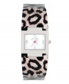 Boldly announce your arrival with this ferocious watch by Betsey Johnson. Black and white snow leopard print optical resin and stainless steel bangle bracelet and rectangular stainless steel case. White dial features silver tone numerals at twelve, three, six and nine o'clock, silver tone hour and minute hands, signature fuchsia second hand and logo. Quartz movement. Water resistant to 30 meters. Two-year limited warranty.