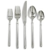 Slender and clean flatware assortment with mirror finish is the perfect sleek addition for a contemporary table. This set includes eight, 5-piece place settings and 5 serving pieces (a pierced serving spoon, a serving spoon, a cold meat fork, butter knife and a sauce ladle) by Ginkgo. Dishwasher safe.