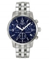A splash of deep navy gives this sophisticated men's watch from Tissot an upbeat, sporty flair. Silvertone stainless steel bracelet and round case. Round blue dial with three subdials, date window, logo and numerical indices. Quartz movement. Water resistant to 200 meters. Two-year limited warranty.