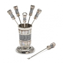Handmade in stainless steel and decorated with a trademark blend of enamel infused with crushed mother of pearl, Julia Knight's cocktail picks feature beautiful mosaic borders of hand-cut, inlaid Mother of Pearl tiles. Handmade in stainless steel and decorated with a trademark blend of enamel infused with crushed mother of pearl, Julia Knight's cocktail picks feature beautiful mosaic borders of hand-cut, inlaid Mother of Pearl tiles.
