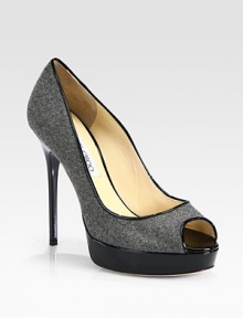 Smooth patent leather adds polish to this peep toe silhouette of ultra-soft flannel. Lacquered heel, 5 (125mm)Patent leather platform, 1 (25mm)Compares to a 4 heel (100mm)Flannel upper with patent leather trimPeep toeLeather lining and solePadded insoleMade in Italy Smooth patent leather adds polish to this peep toe silhouette of ultra-soft flannel. Lacquered heel, 5 (125mm)Patent leather platform, 1 (25mm)Compares to a 4 heel (100mm)Flannel upper with patent leather trimPeep toeLeather lining and solePadded insoleMade in Italy
