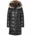 Stay warm while maintaining your impeccable style in this lightweight yet luxe down jacket from Duvetica - Fur-trimmed hood, stand collar, concealed front two-way zip closure, long sleeves, zip pockets, quilted, mid-thigh length - Wear with an elevated jeans-and-tee ensemble and shearling lined boots