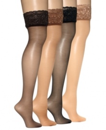 Ooh-la-la! Lovely lace detailing makes these sheer thigh highs from Hanes even more alluring. Sleek sandalfoot puts a seamless look in every step.