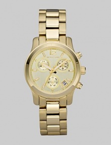 An elegant, understated chronograph of stainless steel with a glowing goldtone finish.Quartz movement Water-resistant to 10ATM Polished bezel Round stainless steel case with goldtone finish, 33mm (1.3) Champagne dial with Arabic 12:00 and bar hour markers Three chronograph sub dials Date display at 4 o'clock Second hand Goldtone-finished stainless steel link bracelet Imported An elegant, understated chronograph of stainless steel with a glowing goldtone finish.Quartz movement Water-resistant to 10ATM Polished bezel Round stainless steel case with goldtone finish, 33mm (1.3) Champagne dial with Arabic 12:00 and bar hour markers Three chronograph sub dials Date display at 4 o'clock Second hand Goldtone-finished stainless steel link bracelet Imported