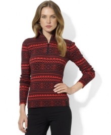 Lauren Ralph Lauren's soft waffle-knit cotton top is a festive choice for the season, crafted with an allover Fair Isle pattern and a zippered mockneck.