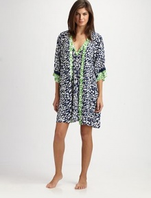 EXCLUSIVELY AT SAKS. Lightweight and summer-ready, a bold geometric print in fresh hues covers this classic silhouette. Cross-over frontThree-quarter kimono sleevesContrast trim at neckline and cuffsSelf-tie waistAbout 36 from shoulder to hemPolyesterMachine washImported