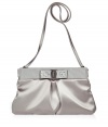 Lovely ice grey sateen clutch with bow by Ferragamo - This evening bag will add elegance to your party-ready looks - Draped sateen with logo-detailed top snap closure - Style with a shimmery cocktail dress and embellished heels