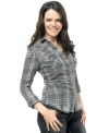 Silver Jeans updates the closet-staple button-down top with an easygoing plaid print and studded, embroidered design!