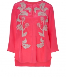 An of-the-moment asymmetrical hem and a vibrant embroidery detail elevates this stylish silk top from Schumacher - Bateau neck with keyhole opening, front contrasting embroidery, rounded asymmetrical hem - Pair with distressed flared jeans, an oversized cardigan, and platform wedges heels An of-the-moment asymmetrical hem and a vibrant embroidery detail elevates this stylish silk top from Schumacher - Bateau neck with keyhole opening, front contrasting embroidery, rounded asymmetrical hem - Pair with distressed flared jeans, an oversized cardigan, and platform wedges heels