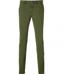 The classic chino gets a streamlined makeover with this slim-fit version from Closed - Flat front, belt loops, off-seam pockets, back welt pockets with buttons, slim fit, straight leg - Wear with a striped tee or patterned button down and a modern parka The classic chino gets a streamlined makeover with this slim-fit version from Closed - Flat front, belt loops, off-seam pockets, back welt pockets with buttons, slim fit, straight leg - Wear with a striped tee or patterned button down and a modern parka