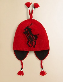 An earflap hat is updated with an intarsia-knit Big Pony for signature style and warmth.Braided tassels tie underneath chinEarflapsFleece-linedCottonMachine washImported