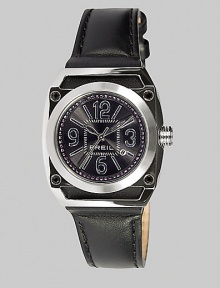 From the Gear Collection. Sleek and sparkly come together in a modern watch with a dramatic black dial, Swarovski crystal accents and a rich leather strap.