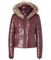 Supple bordeaux lamb leather and eye-catching fur trim lend this sleekly elegant Ventcouvert jacket its effortless winter-chic appeal - Slim cut quilted style tapers gently through waist and crops at hips - Zip closure, pockets at either side and zipper embellishment at cuffs - Stand-up collar and on trend, fur-trimmed hood - Streamlined and sophisticated, the easiest way to stay warm while looking cool this season! - Pair with any number of looks, from jeans to leggings to knit dresses