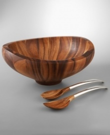 With elegant, swooping edges crafted in rich acacia wood, this salad bowl from Nambé mimics the grace and beauty of a butterfly in flight. Elongated servers with arched metal handles provide exceptional grip for easy scooping. Coordinates with individual salad bowls. With elegant, swooping edges crafted in rich acacia wood, this salad bowl from Nambé mimics the grace and beauty of a butterfly in flight. Elongated servers with arched metal handles provide exceptional grip for easy scooping. Coordinates with individual salad bowls.