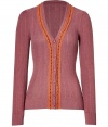 Stylish cardigan in fine, sienna rayon and synthetic blend - Chic, on-trend contrast orange crochet trim - Feminine cut tapers slightly at waist, hits below the hips - Long sleeves, button detail and flattering V-neck - A great basic that is both sophisticated and versatile - Pair with wide-leg trousers or go for a classic look with slim jeans or a pencil skirt