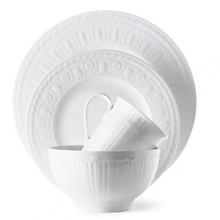 This collection of classic white, patterned dinnerware and serveware is remarkable for its ability to coordinate with a variety of table linen and flatware patterns. This collection of classic white, patterned dinnerware and serveware is remarkable for its ability to coordinate with a variety of table linen and flatware patterns.