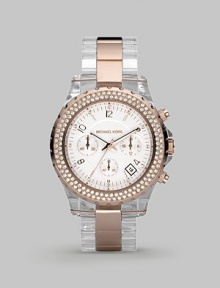 Rose gold plated stainless steel and Swarovski crystal in a sporty chronograph design.Analog movement Water resistant to 10 ATM Swarovski crystal bezel Round stainless steel case, 42mm, (1.65) White chronograph dial Date display between 4 and 5 o'clock Crystal, numeral and index hour markers Second hand Acetate and stainless steel link bracelet Imported Rose gold plated stainless steel and Swarovski crystal in a sporty chronograph design.Analog movement Water resistant to 10 ATM Swarovski crystal bezel Round stainless steel case, 42mm, (1.65) White chronograph dial Date display between 4 and 5 o'clock Crystal, numeral and index hour markers Second hand Acetate and stainless steel link bracelet Imported
