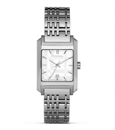 This sleek watch from Burberry features a stainless steel square case with a subtle sun ray textured face, and a check-inspired link bracelet.