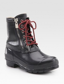 Rustic leather and rubber combo with a lace-up front and unique outer zipper. Rubber heel, 1 (25mm)Rubber and leather upperSide zipperPolyester liningRubber solePadded insoleImported Rustic leather and rubber combo with a lace-up front and unique outer zipper. Rubber heel, 1 (25mm)Rubber and leather upperSide zipperPolyester liningRubber solePadded insoleImported
