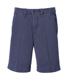 Stylish shorts in fine, pure navy cotton - Soft yet durable fabric has a rugged, well-worn look - Longer Bermuda cut with belt loops, zip fly and button closure - Slash pockets at sides, flap pockets at rear - Crease detail elongates the silhouette - Relaxed and casually cool, great for everyday leisure - Pair with button downs, t-shirts and polos