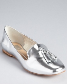 A shoe in shining armor, Dolce Vita's Nalla Tassel smoking shoes show off in mirrored specchio leather. A shoe in shining armor, Dolce Vita's Nalla Tassel smoking shoes show off in mirrored specchio leather.