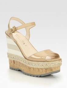 Patent leather upper with micro-foam stripes, espadrille, and cork wedge detail. Cork, micro-foam stripes and hemp-covered wedge, 5 (125mm)Cork and hemp-covered platform, 2 (50mm)Compares to a 3 heel (75mm)Patent leather upperLeather liningRubber solePadded insoleMade in ItalyOUR FIT MODEL RECOMMENDS ordering one half size up as this style runs small. Patent leather upper with micro-foam stripes, espadrille, and cork wedge detail. Cork, micro-foam stripes and hemp-covered wedge, 5 (125mm)Cork and hemp-covered platform, 2 (50mm)Compares to a 3 heel (75mm)Patent leather upperLeather liningRubber solePadded insoleMade in ItalyOUR FIT MODEL RECOMMENDS ordering one half size up as this style runs small.