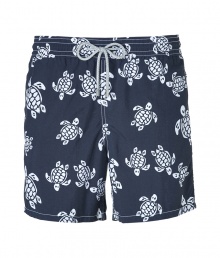 A brand original style since the 70s detailed with a stenciled turtle print, Vilebrequins Moorea swim trunks are as fun as they are iconic - Waterproof elastic waistband, back flap pocket, side slit pockets, back eyelets for release of water, durable drawstring cord with stainless metal aglets, interior cotton briefs - Classic slim fit - Wear in the water, or post-swim with a polo and flip-flops - Comes with a logo printed drawstring pouch