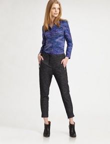 Pure silk blouse in an elaborate print with a mandarin collar, hidden button front and single besom pocket. Mandarin collarFront besom pocketHidden button frontLong sleevesShirttail hemSilkDry cleanImportedModel shown is 5'10 (177cm) wearing US size 2. Pure silk blouse in an elaborate print with a mandarin collar, hidden button front and single besom pocket. Mandarin collarFront besom pocketHidden button frontLong sleevesShirttail hemSilkDry cleanImportedModel shown is 5'10 (177cm) wearing US size 2.