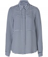 Stand-out in stripes this season in Theorys ultra soft white and navy silk shirt - Classic collar, long sleeves, buttoned cuffs, button-down front, stitched paneling at chest, shirttail hemline - Loose fit - Wear with everything from jeans and flats to pencil skirts and heels