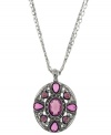 Vibrant in violet. A rich purple hue sets apart this oval-shaped pendant necklace from Monet. Combining vintage inspiration with ornate design, it's a striking style that will stand out in your jewelry collection. Set in silver tone mixed metal with acrylic accents. Approximate length: 32 inches. Approximate drop: 1-1/2 inches.
