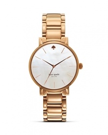 Take an citified approach to accessorizing with this gold-plated watch from kate spade new york. Its round design is city chic, while the Mother-of-Pearl face is oh so urbane. Take an citified approach to accessorizing with this gold-plated watch from kate spade new york. Its round design is city chic, while the Mother-of-Pearl face is oh so urbane.