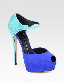 Modern colorblocked suede in a unique platform design, secured by an adjustable ankle strap. Self-covered heel, 6 (150mm)Covered platform, 1½ (40mm)Compares to a 4½ heel (115mm)Suede upperLeather lining and solePadded insoleMade in Italy