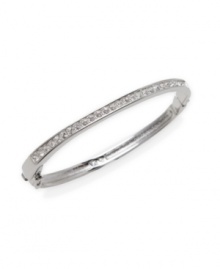 Perfect for day or evening, pair this chic Swarovski style with other stackable bangles for a trendy layered look. Bangle features a clear crystal-coated front with a hinged design. Crafted in silver tone mixed metal. Approximate diameter: 2-1/2 inches. Perfect for day or evening, pair this chic Swarovski style with other stackable bangles for a trendy layered look. Bangle features a clear crystal-coated front with a hinged design. Crafted in silver tone mixed metal. Approximate diameter: 2-1/2 inches.