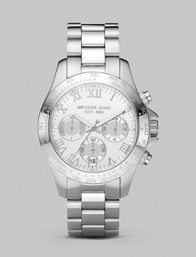 A modern design of shiny silver stainless steel crafted to withstand the test of time, in functionality and style.Quartz movement Water resistant to 10ATM Silverplated stainless steel case, 38mm (1.49) Units per hour at bezel White pearlized dial Roman numeral hour markers Three chronograph sub dials Date display at 6 o'clock Second hand Silver stainless steel link bracelet Imported A modern design of shiny silver stainless steel crafted to withstand the test of time, in functionality and style.Quartz movement Water resistant to 10ATM Silverplated stainless steel case, 38mm (1.49) Units per hour at bezel White pearlized dial Roman numeral hour markers Three chronograph sub dials Date display at 6 o'clock Second hand Silver stainless steel link bracelet Imported