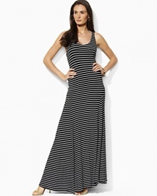 Crafted in sleek modal jersey, a flowing maxi dress is designed with chic godet pleats for a full-skirt silhouette. Crafted in sleek modal jersey, a flowing maxi dress is designed with chic godet pleats for a full-skirt silhouette.