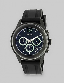 In black IP and stainless steel with a black rubber strap, this bold timepiece mixes sporty and stylish with ease.Quartz movementWater resistant to 10 ATMRound black IP and stainless steel case, 45mm (1.8)Smooth black IP bezelBlack dialThree chronograph sub-dialsBar markersSecond handBlack rubber strapImported In black IP and stainless steel with a black rubber strap, this bold timepiece mixes sporty and stylish with ease.Quartz movementWater resistant to 10 ATMRound black IP and stainless steel case, 45mm (1.8)Smooth black IP bezelBlack dialThree chronograph sub-dialsBar markersSecond handBlack rubber strapImported