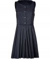 Charming but with a high-style kick, this pleated ladylike silk-blend dress from Jil Sander Navy goes from office-to-evening in a flash - Rounded bateau neckline, sleeveless, front button placket, full skirt with front pleats, concealed side zip closure - Fitted bodice, full skirt - Wear with a cropped cashmere cardigan, simple pumps, and a colorful clutch