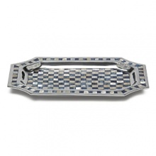Hand made in sand-cast aluminum decorated with our trademark blend of enamel infused with crushed mother of pearl. Beautiful mosaic borders of hand cut inlaid Mother of Pearl tiles frame each piece - no two are alike. Perfect size to serve meats and vegetables. Pair with any of the smaller sized bowls to create an unique appetizer tray. Food safe. Hand made in sand-cast aluminum decorated with our trademark blend of enamel infused with crushed mother of pearl. Beautiful mosaic borders of hand cut inlaid Mother of Pearl tiles frame each piece - no two are alike. Perfect size to serve meats and vegetables. Pair with any of the smaller sized bowls to create an unique appetizer tray. Food safe.