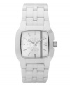 Menswear-inspired design with bold, feminine appeal. Watch by Diesel crafted of white ceramic bracelet and square case. White dial features applied silver tone logo plate, numeral at three o'clock, stick indices and three hands. Quartz movement. Water resistant to 50 meters. Two-year limited warranty.