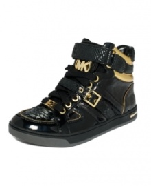 Urban style on a designer level. MICHAEL Michael Kors' Fulton high top sneakers are made of shiny distressed python and feature gold accents. Urban style on a designer level. MICHAEL Michael Kors' Fulton high top sneakers are made of shiny distressed python and feature gold accents.
