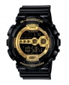 G-Shock adds golden swagger to this sport watch. Crafted of black resin strap and round case. Gold tone logo embossed at bezel. Negative display digital dial with gold tone accents features shock-resistance, super illuminator auto LED, flash alert, world time, 5 independent alarms, countdown timer, multi-home time, mute function, 12/24-hour formats and 7-year battery. Quartz movement. Water resistant to 200 meters. One-year limited warranty.