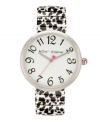 On the prowl. Dress for the game with this watch by Betsey Johnson. Black and white snow leopard print stainless steel expansion bracelet and round stainless steel case. White dial features black numerals, silver tone hour and minute hands, signature fuchsia second hand with heart and logo. Quartz movement. Water resistant to 30 meters. Two-year limited warranty.