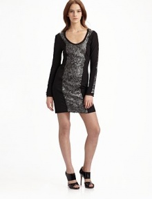 Modern fit pairs with metallic sequin insets for a sleek, sophisticated statement for evening.Scoopneck with chiffon trim Metallic leather sequin insets adorn the long sleeves Silk chiffon center panel with metallic leather sequins Back zip closure Back princess seams About 33½ from shoulder to hem 65% polyester/30% rayon/5% spandex Second fabric: silk Dry clean Imported Modern fit pairs with metallic sequin insets for a sleek, sophisticated statement for evening.Scoopneck with chiffon trim Metallic leather sequin insets adorn the long sleeves Silk chiffon center panel with metallic leather sequins Back zip closure Back princess seams About 33½ from shoulder to hem 65% polyester/30% rayon/5% spandex Second fabric: silk Dry clean Imported