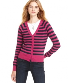 Every girl needs a good cardi! Classic stripes equip this version from Planet Gold with preppy-cool style. Every girl needs a good cardi! Classic stripes equip this version from Planet Gold with preppy-cool style.