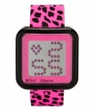 The wild side goes girlie. Betsey Johnson watch crafted of fuchsia and black animal print silicone strap and square black polycarbonate case with fuchsia bezel. Positive display digital LCD screen features time in pink. Quartz movement. Water resistant to 50 meters. Two-year limited warranty.