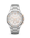 An innovative octagonal, crystal-encrusted bezel lends cutting-edge style to this stunning timepiece from MICHAEL Michael Kors.
